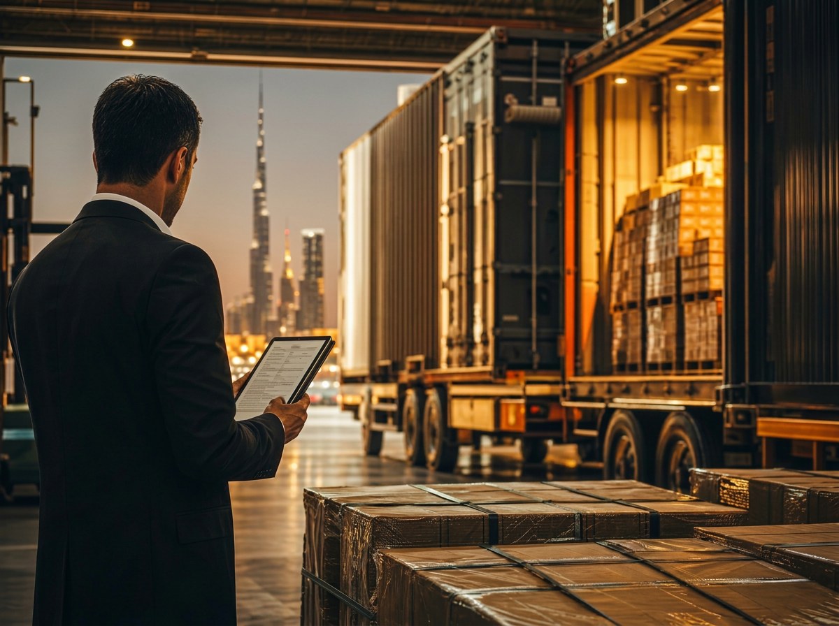 Professional procurement inspector reviewing cargo at a UAE logistics facility